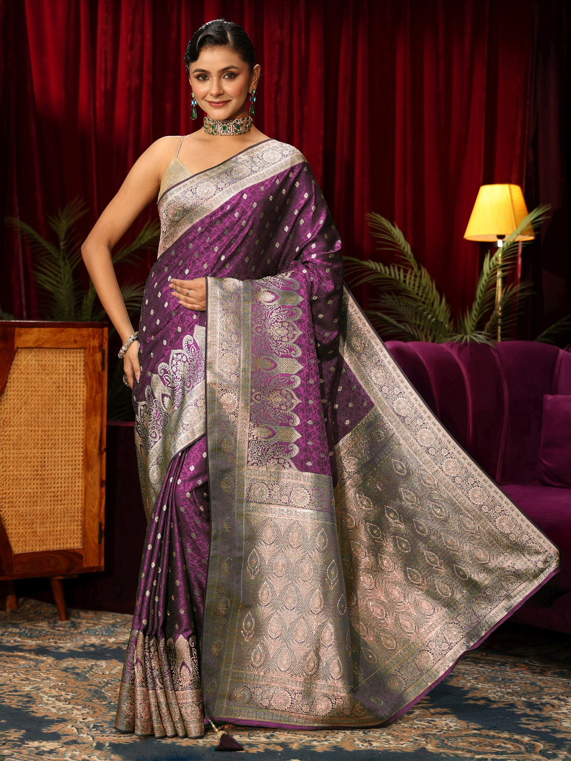 Mameraa Purple Embellished Satin Banarasi Saree