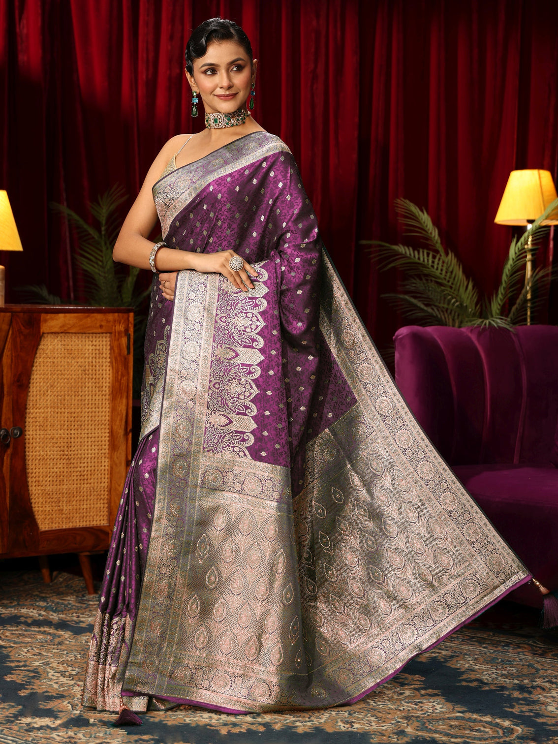 Mameraa Purple Embellished Satin Banarasi Saree