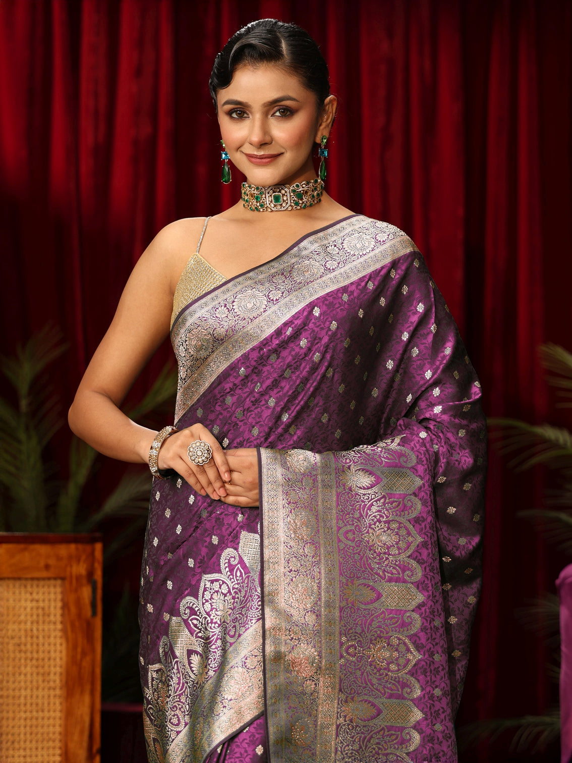 Mameraa Purple Embellished Satin Banarasi Saree