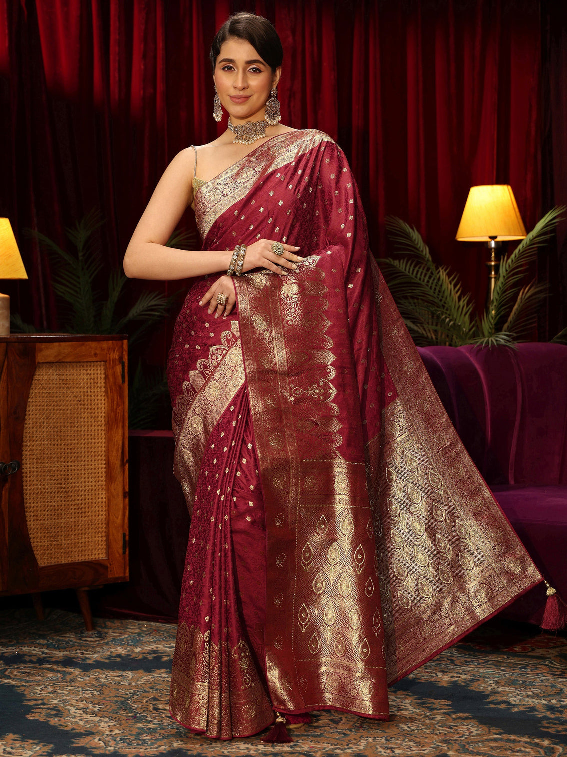 Mameraa Brick Red  Embellished Satin Banarasi Saree