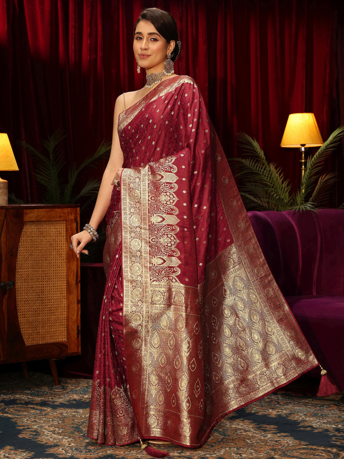 Mameraa Brick Red  Embellished Satin Banarasi Saree