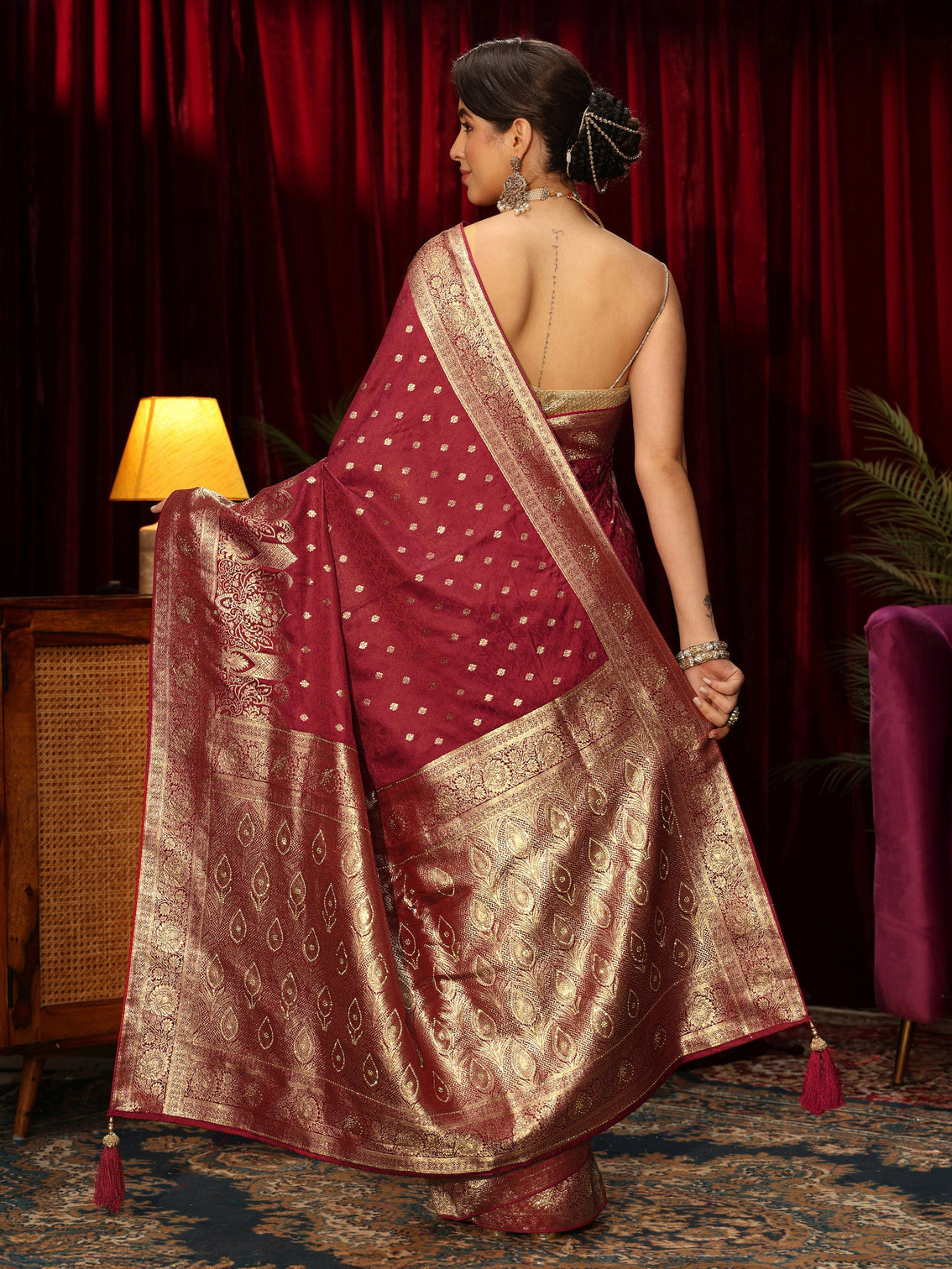Mameraa Brick Red  Embellished Satin Banarasi Saree