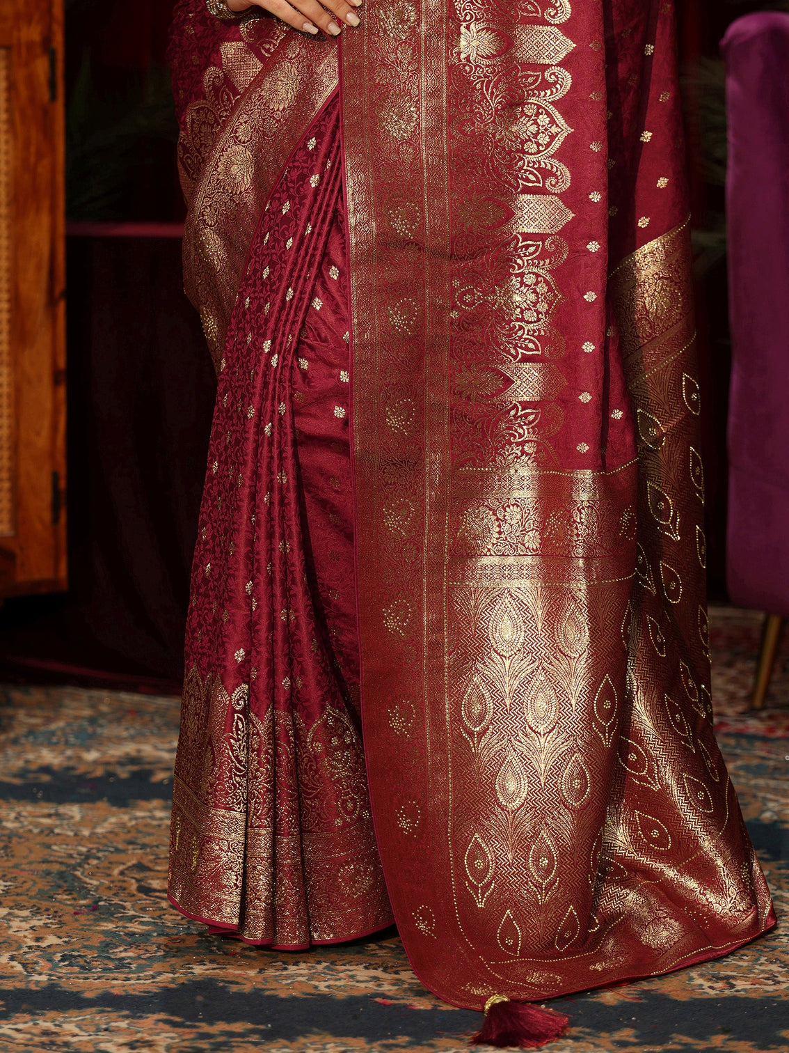 Mameraa Brick Red  Embellished Satin Banarasi Saree