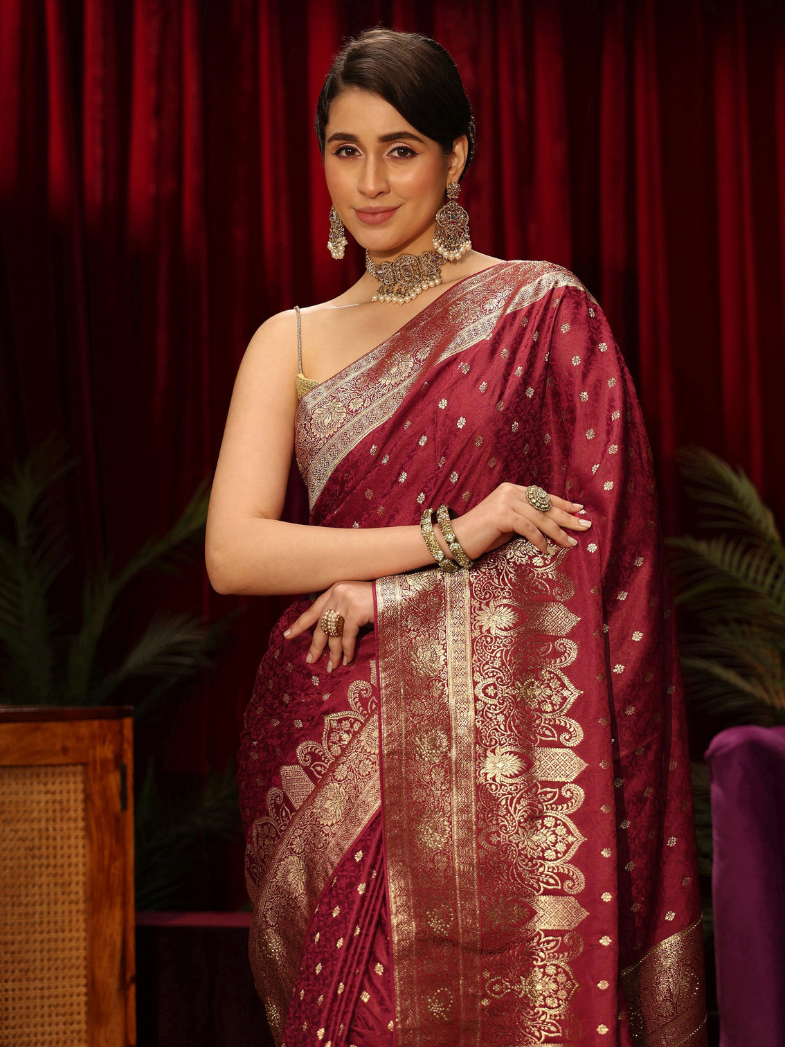 Mameraa Brick Red  Embellished Satin Banarasi Saree