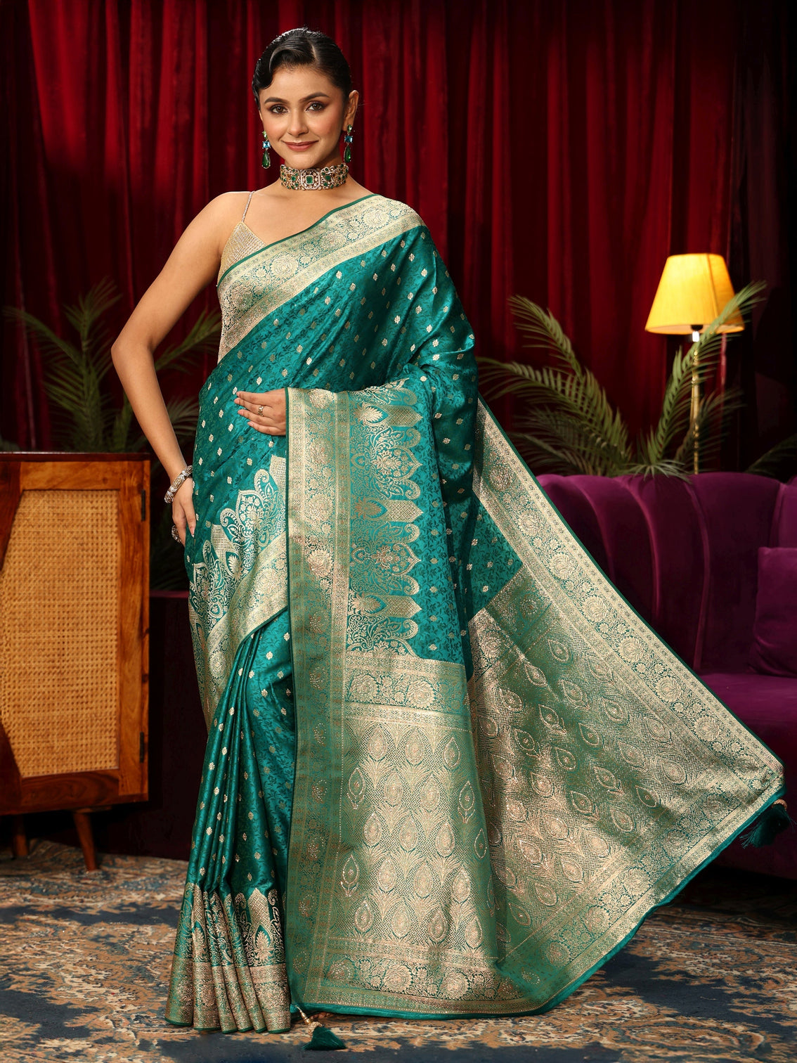 Mameraa Teal Green Embellished Satin Banarasi Saree