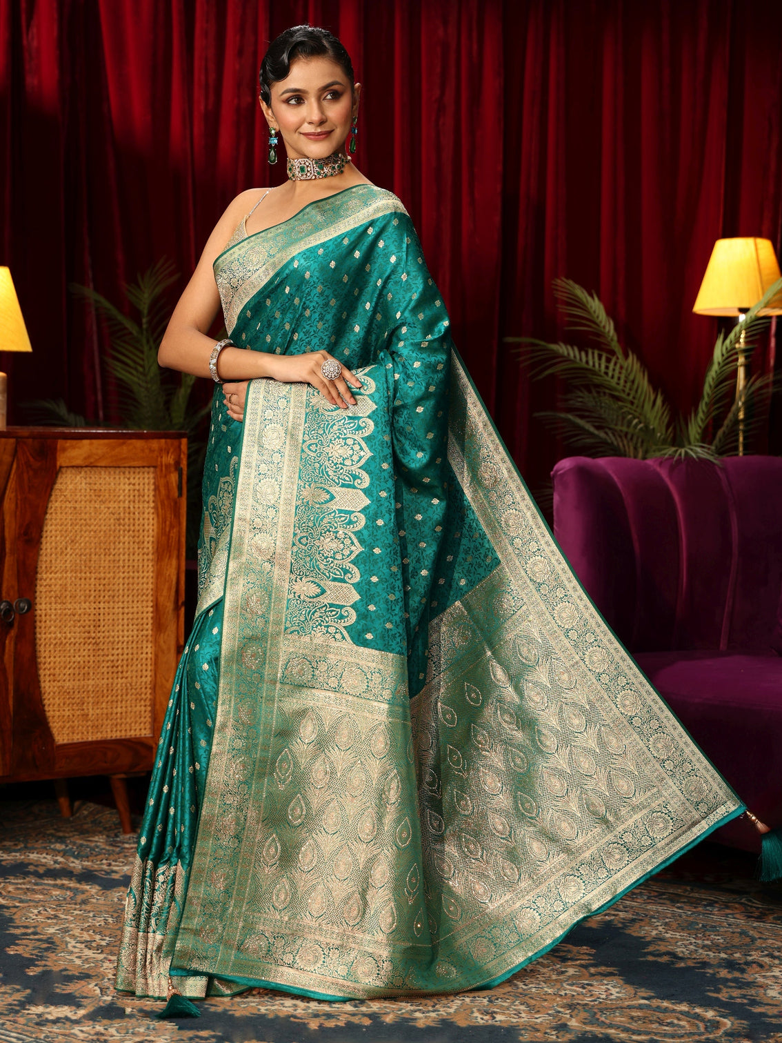 Mameraa Teal Green Embellished Satin Banarasi Saree