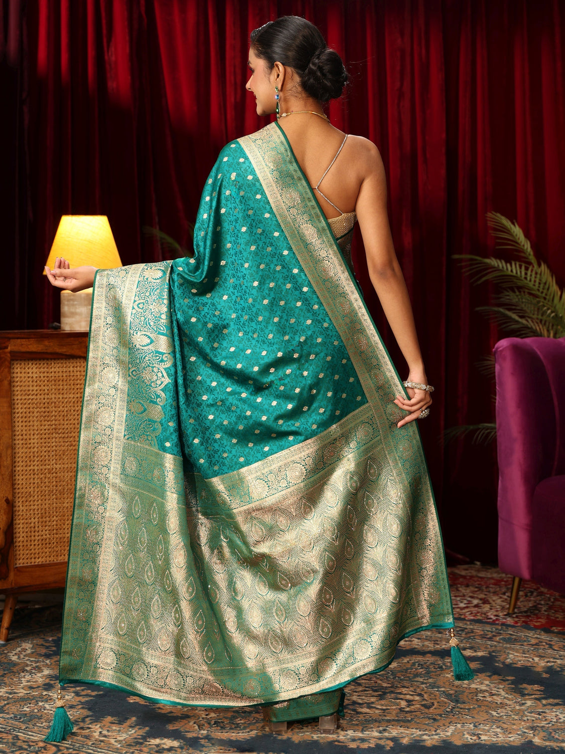 Mameraa Teal Green Embellished Satin Banarasi Saree