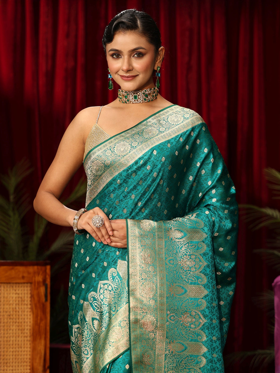 Mameraa Teal Green Embellished Satin Banarasi Saree