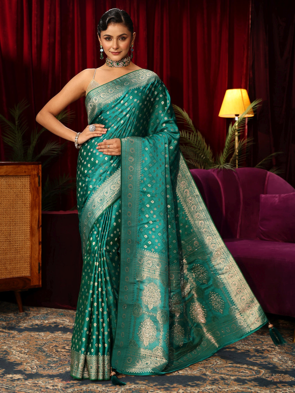 Mameraa Teal Green Embellished Satin Banarasi Saree