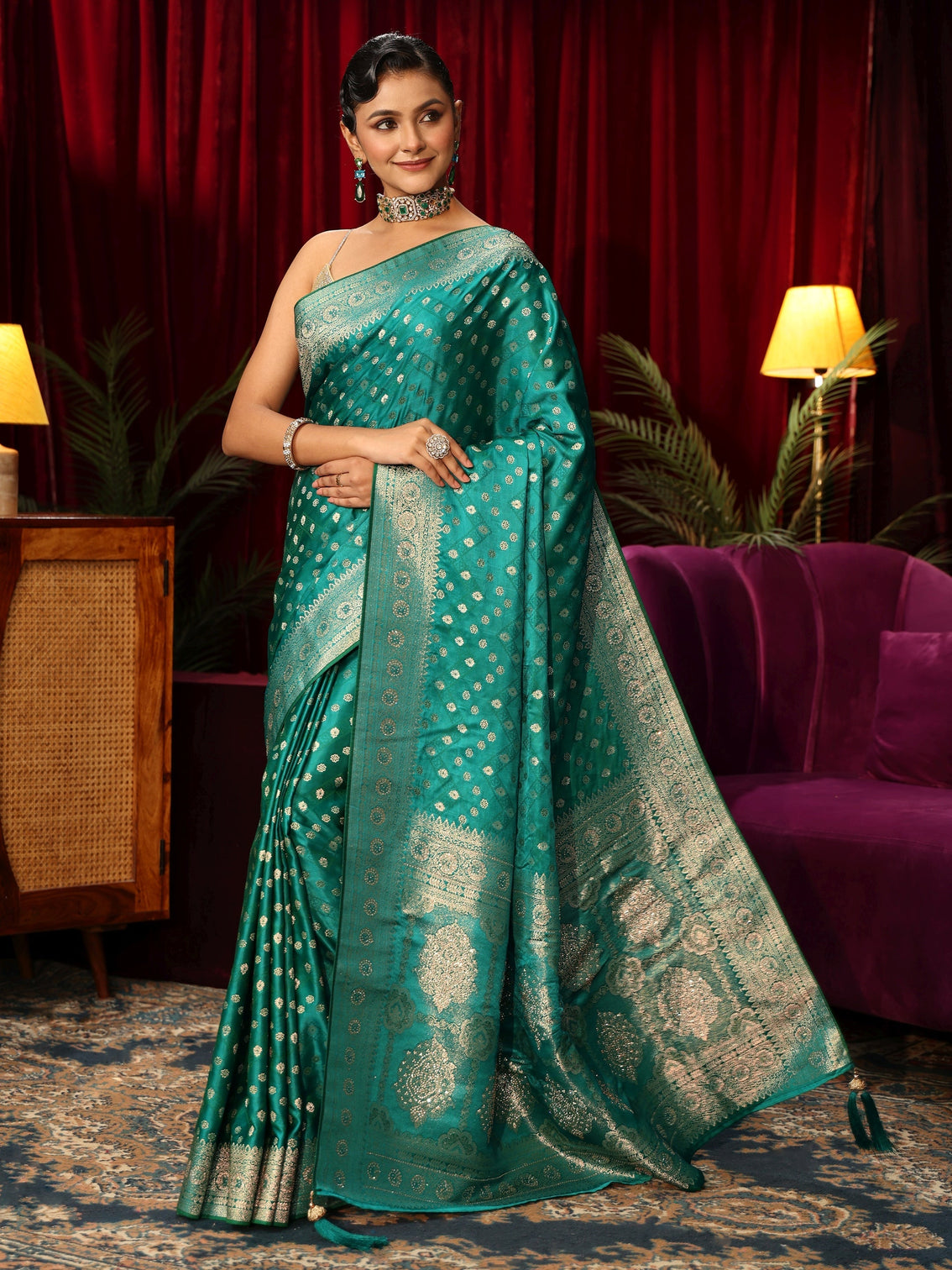 Mameraa Teal Green Embellished Satin Banarasi Saree