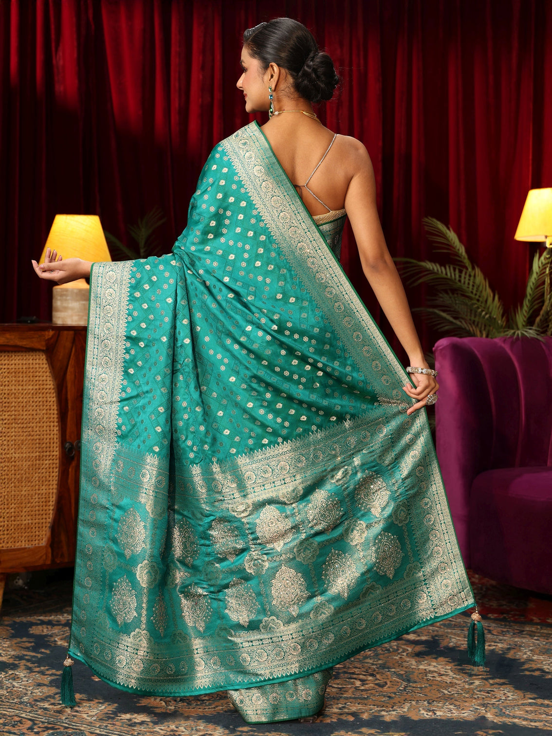 Mameraa Teal Green Embellished Satin Banarasi Saree