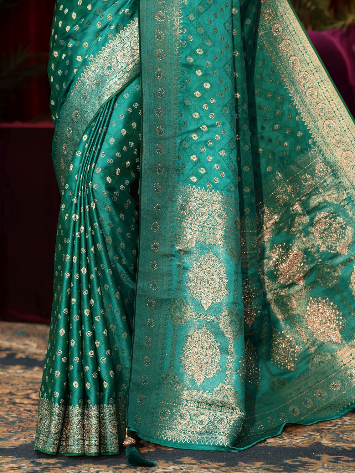 Mameraa Teal Green Embellished Satin Banarasi Saree