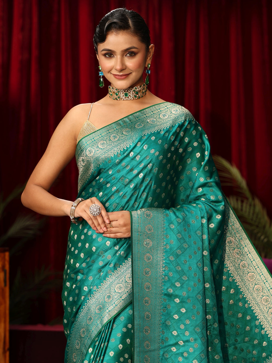 Mameraa Teal Green Embellished Satin Banarasi Saree