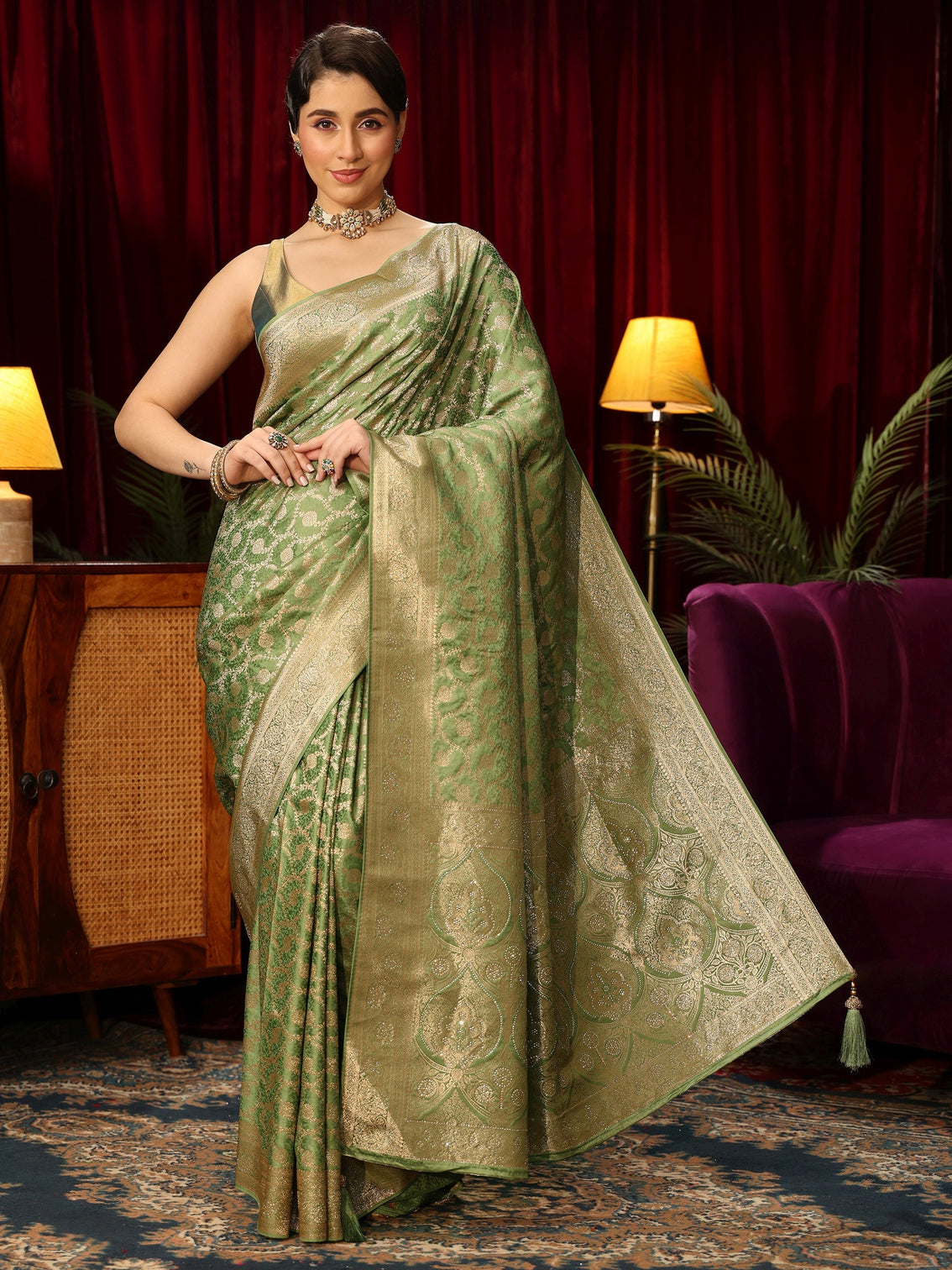 Mameraa Green Floral Woven Design Embellished Satin Saree