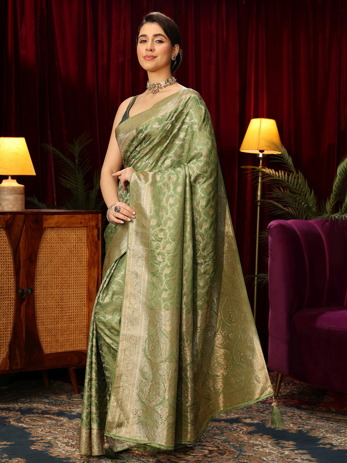 Mameraa Green Floral Woven Design Embellished Satin Saree