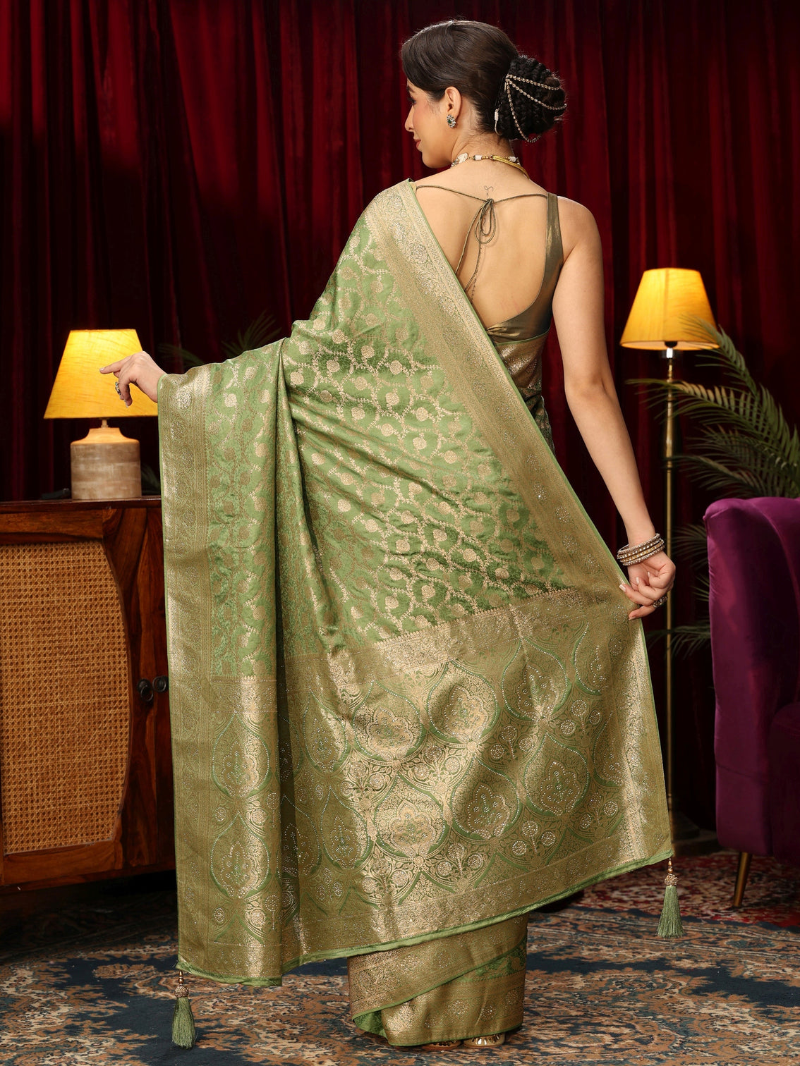 Mameraa Green Floral Woven Design Embellished Satin Saree