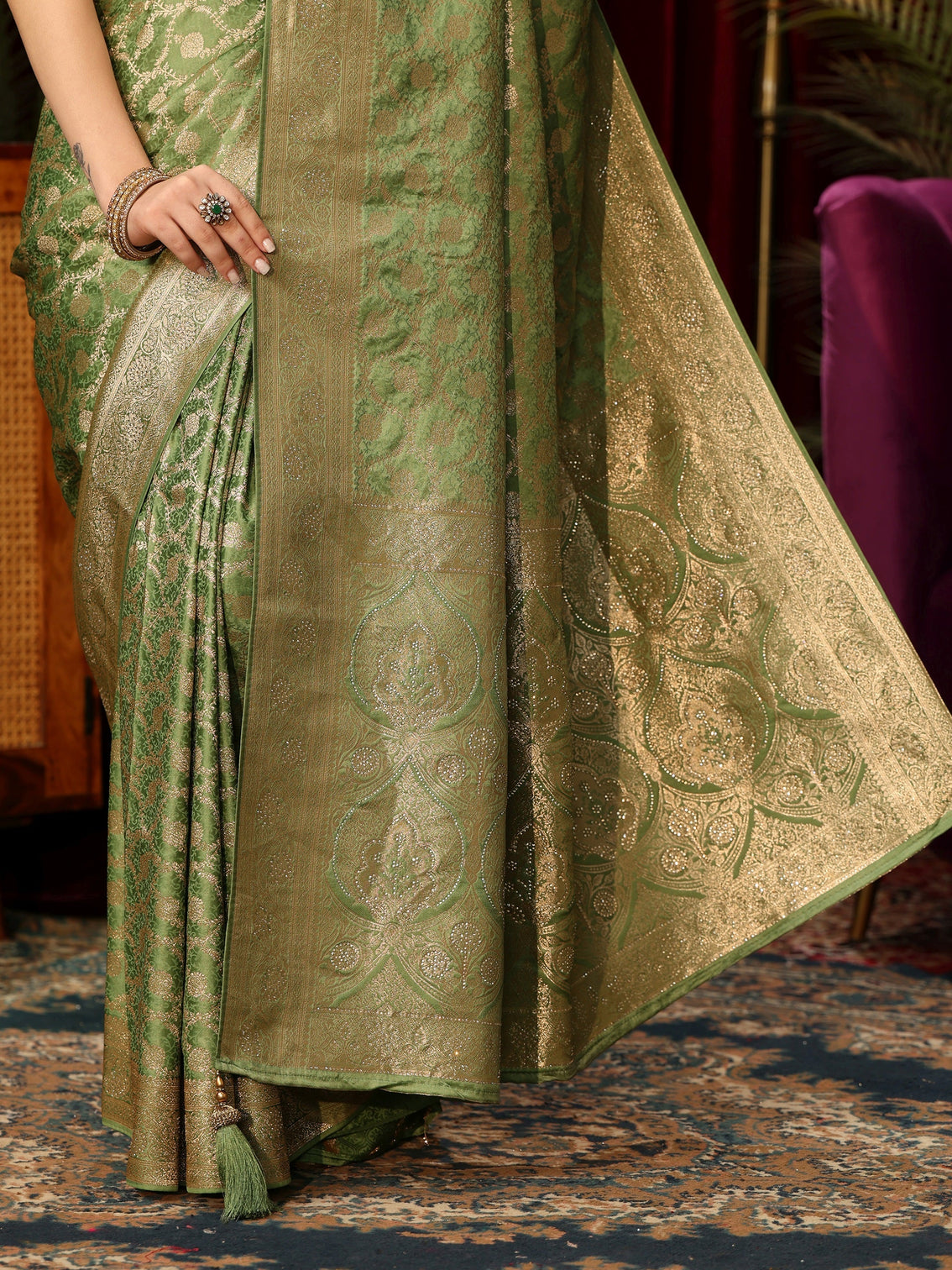 Mameraa Green Floral Woven Design Embellished Satin Saree