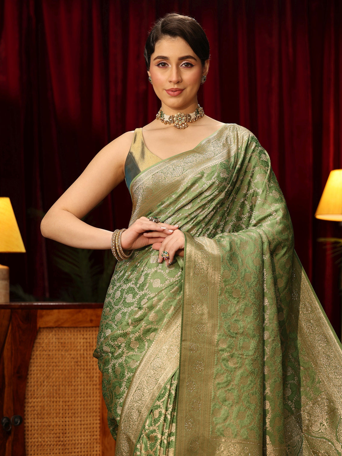 Mameraa Green Floral Woven Design Embellished Satin Saree