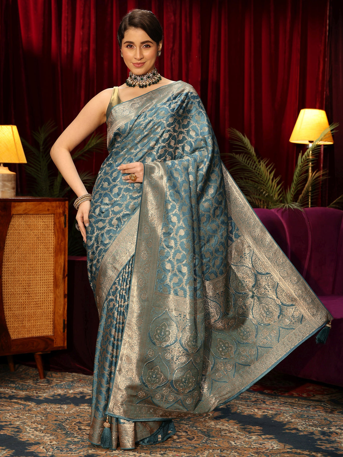 Mameraa Dusty Blue Floral Woven Design Embellished Satin Saree