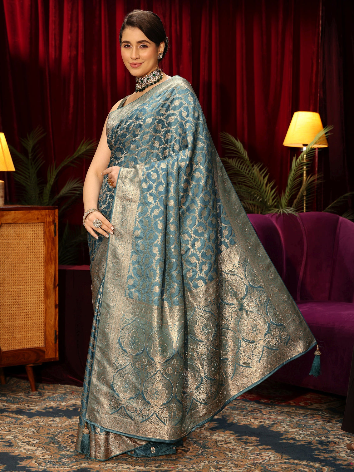 Mameraa Dusty Blue Floral Woven Design Embellished Satin Saree