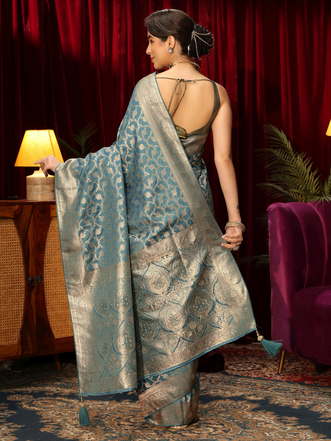 Mameraa Dusty Blue Floral Woven Design Embellished Satin Saree