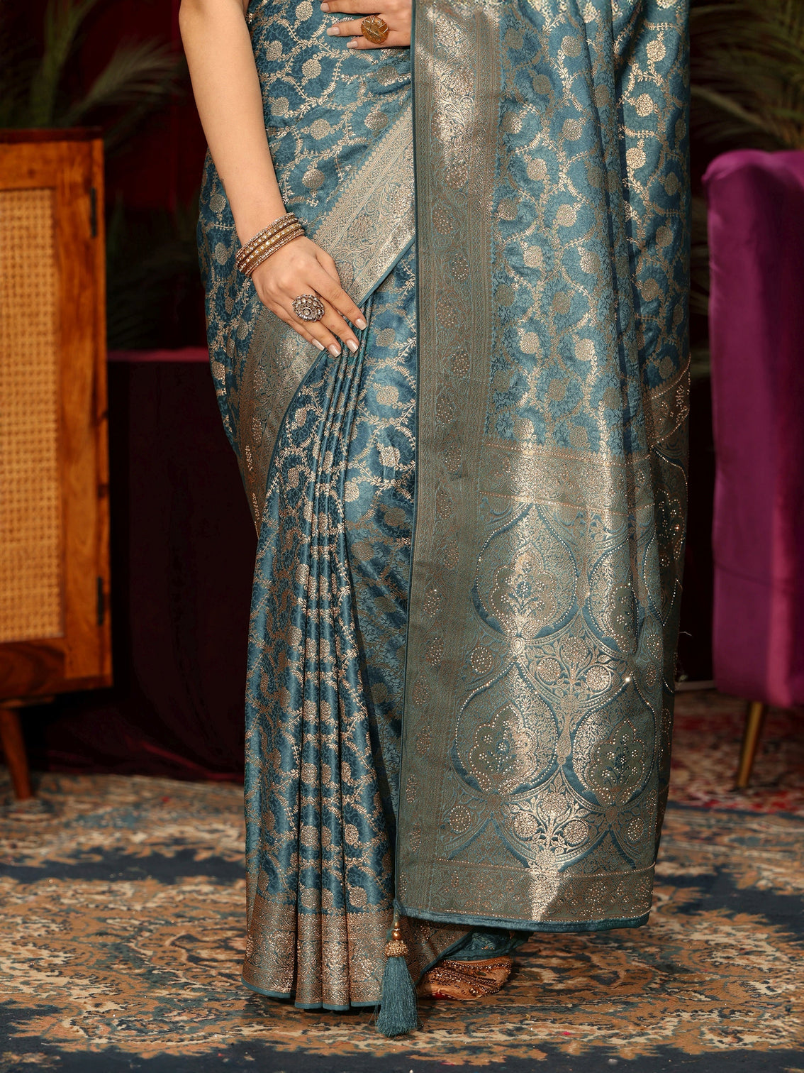 Mameraa Dusty Blue Floral Woven Design Embellished Satin Saree
