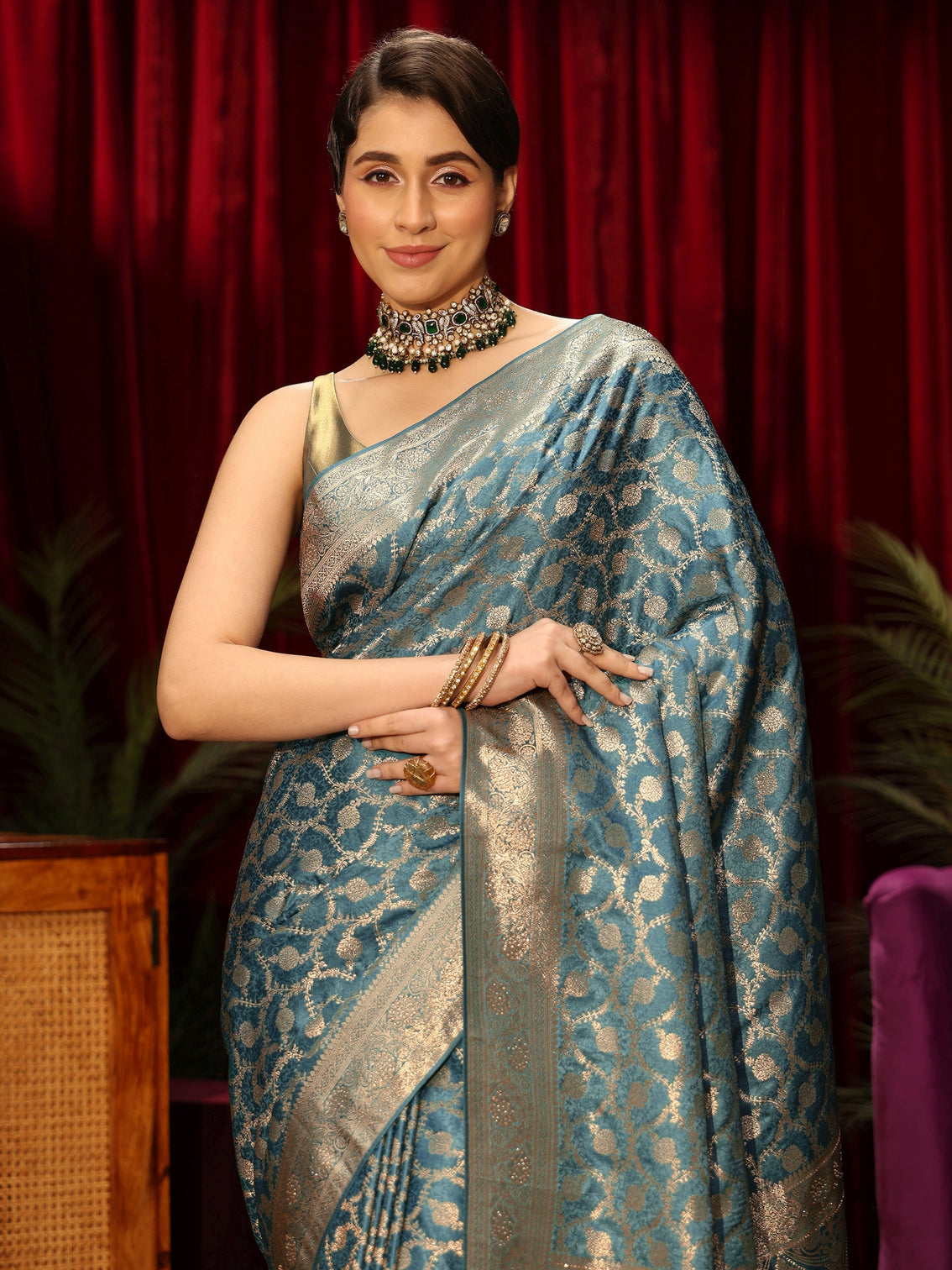 Mameraa Dusty Blue Floral Woven Design Embellished Satin Saree