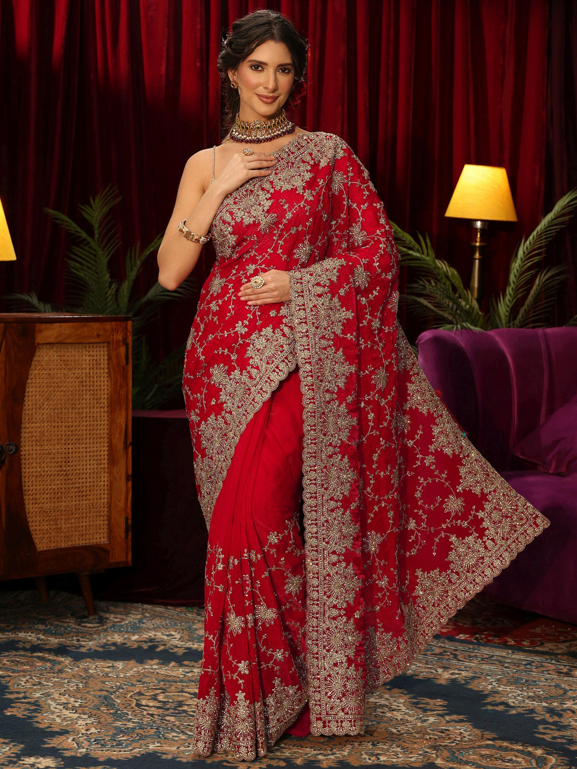 Mameraa Art Red Floral Embellished Tissue Saree
