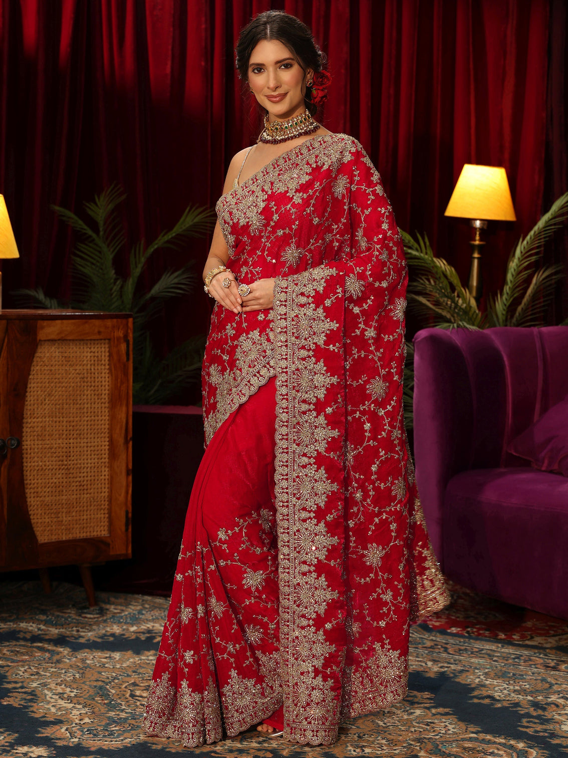 Mameraa Art Red Floral Embellished Tissue Saree