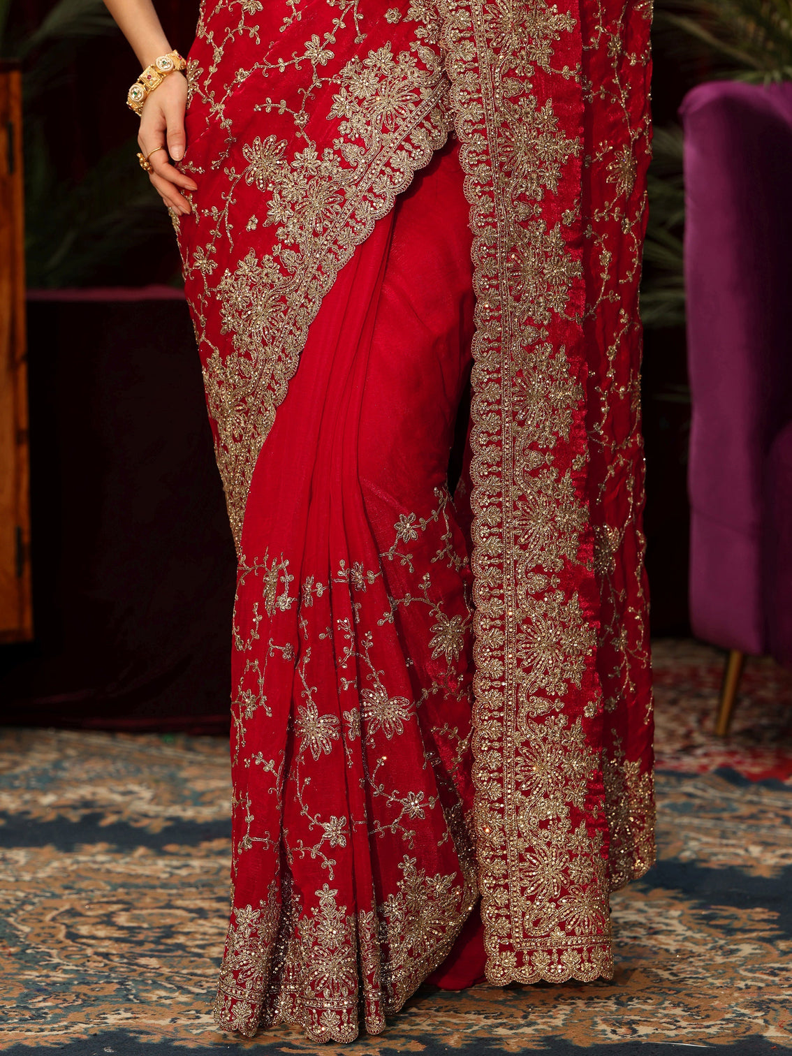 Mameraa Art Red Floral Embellished Tissue Saree