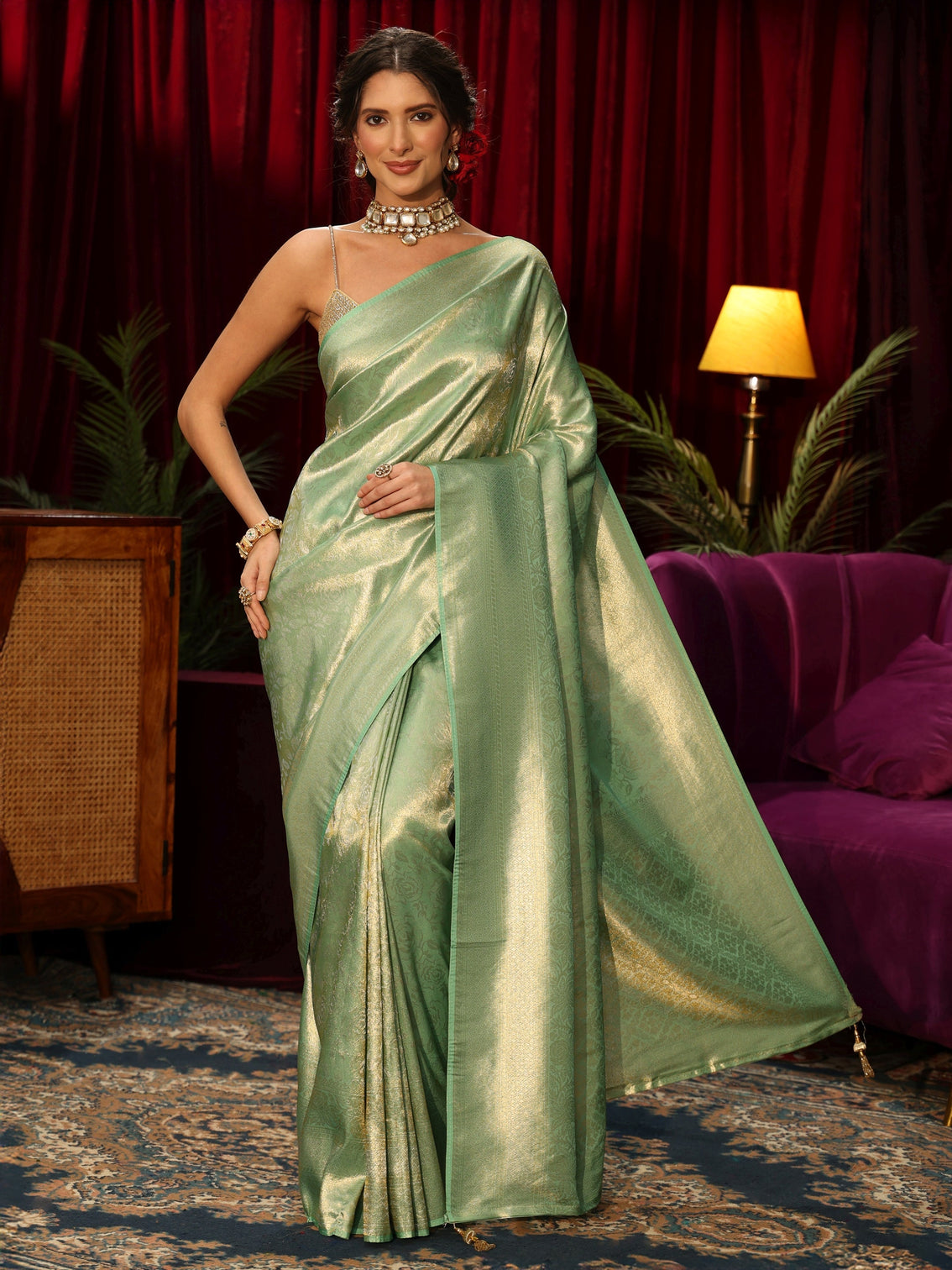 Mameraa Mint Green Floral Woven Design Silk Blend Saree