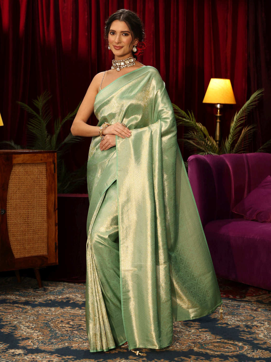 Mameraa Mint Green Floral Woven Design Silk Blend Saree