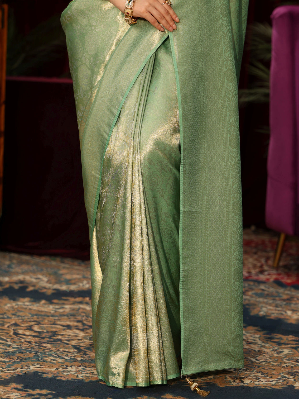 Mameraa Mint Green Floral Woven Design Silk Blend Saree