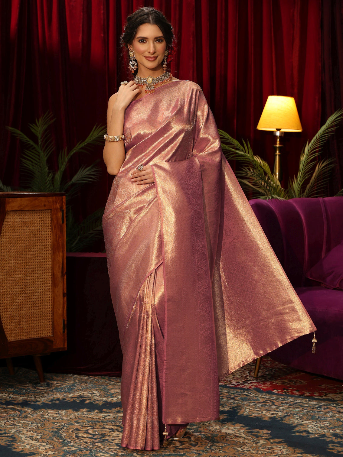 Mameraa Rose Pink Floral Woven Design Silk Blend Saree