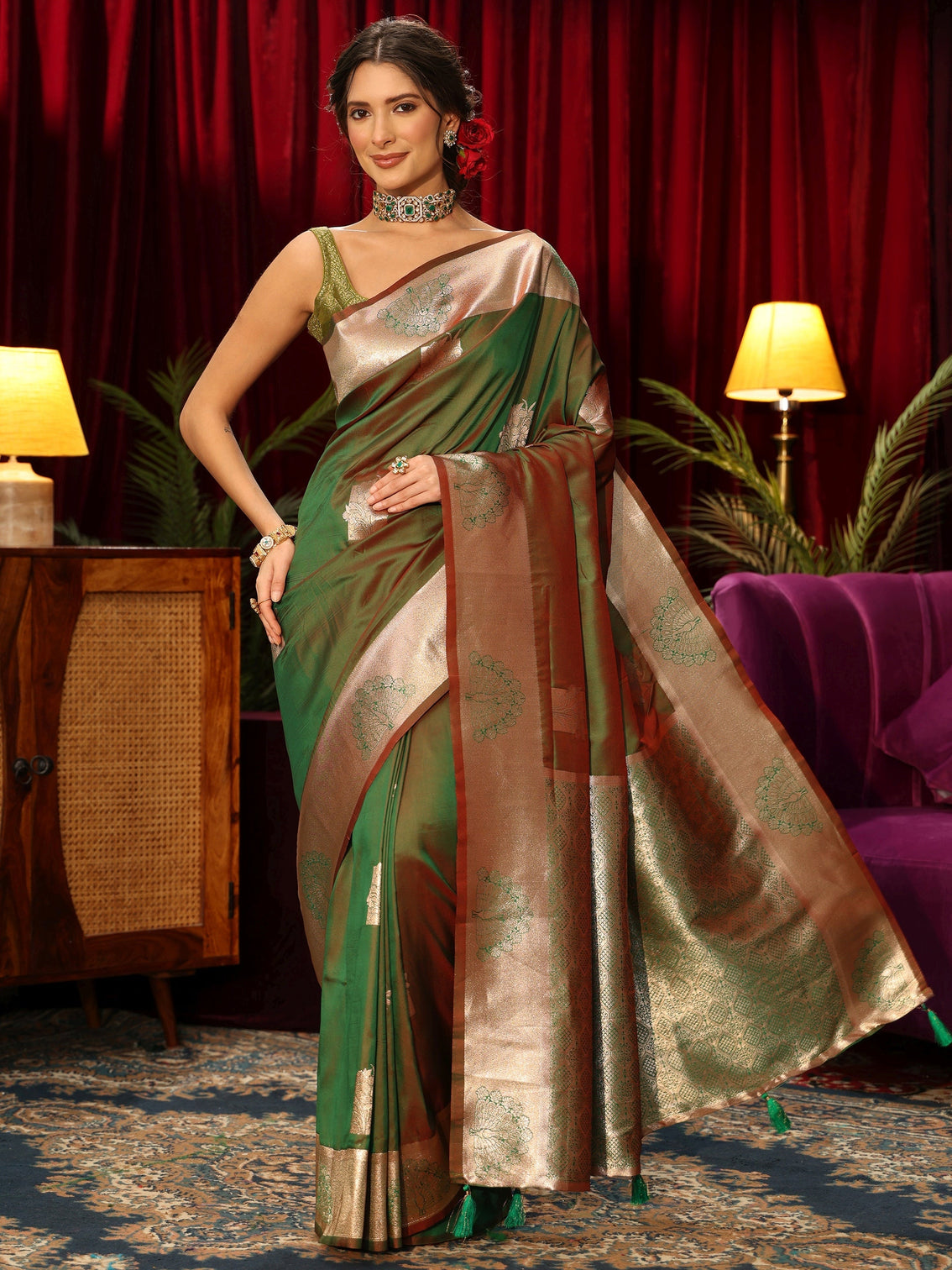 Mameraa Green Peacock Woven Design Silk Blend Saree