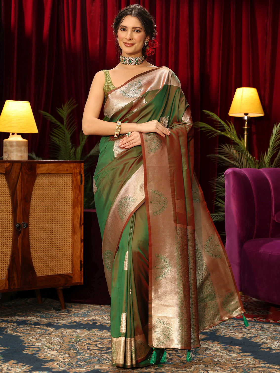 Mameraa Green Peacock Woven Design Silk Blend Saree