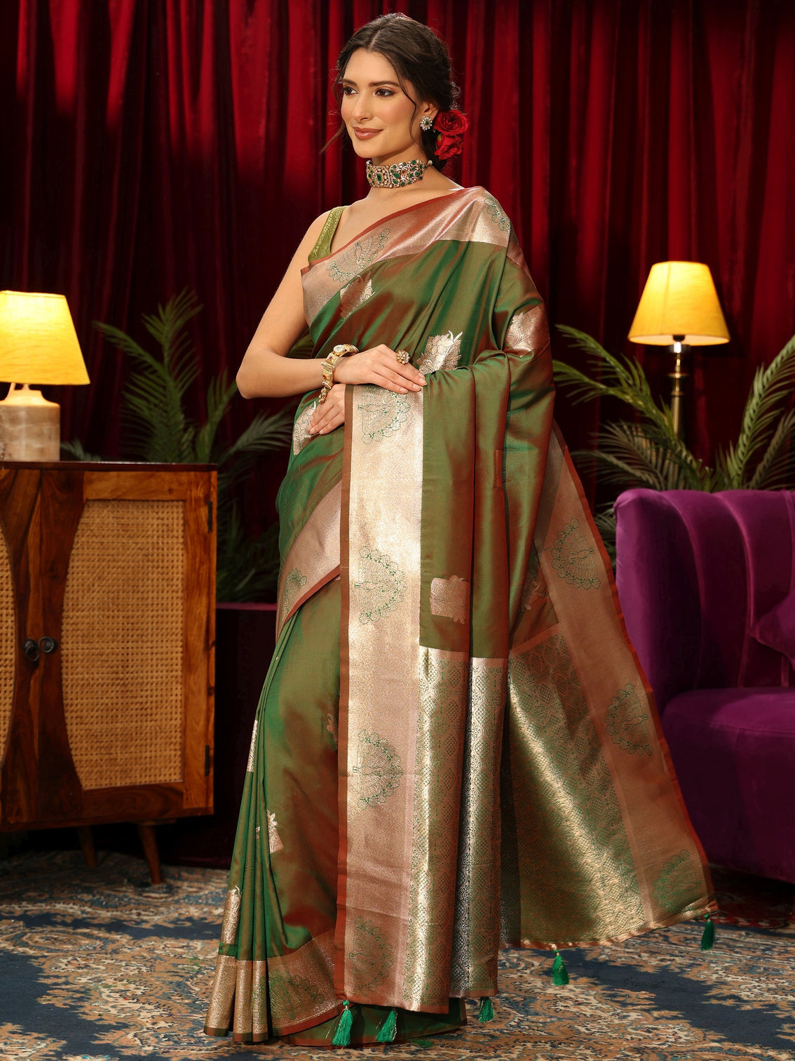 Mameraa Green Peacock Woven Design Silk Blend Saree
