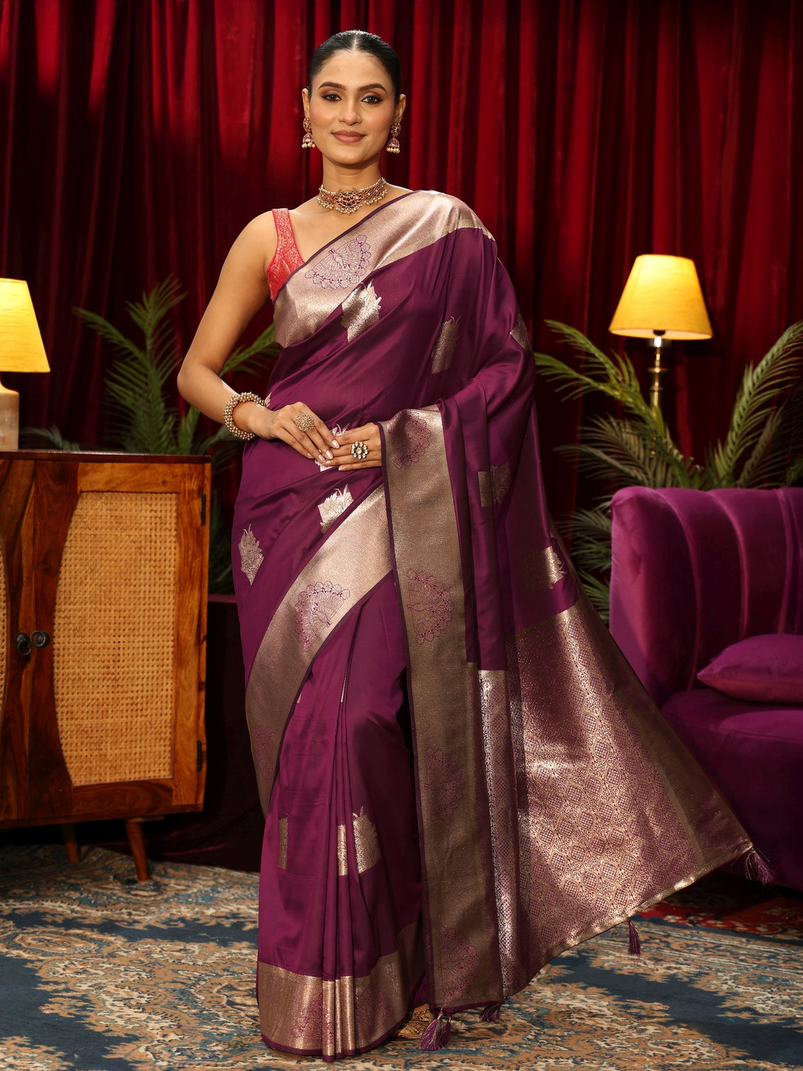 Mameraa Wine Peacock Woven Design Silk Blend Saree