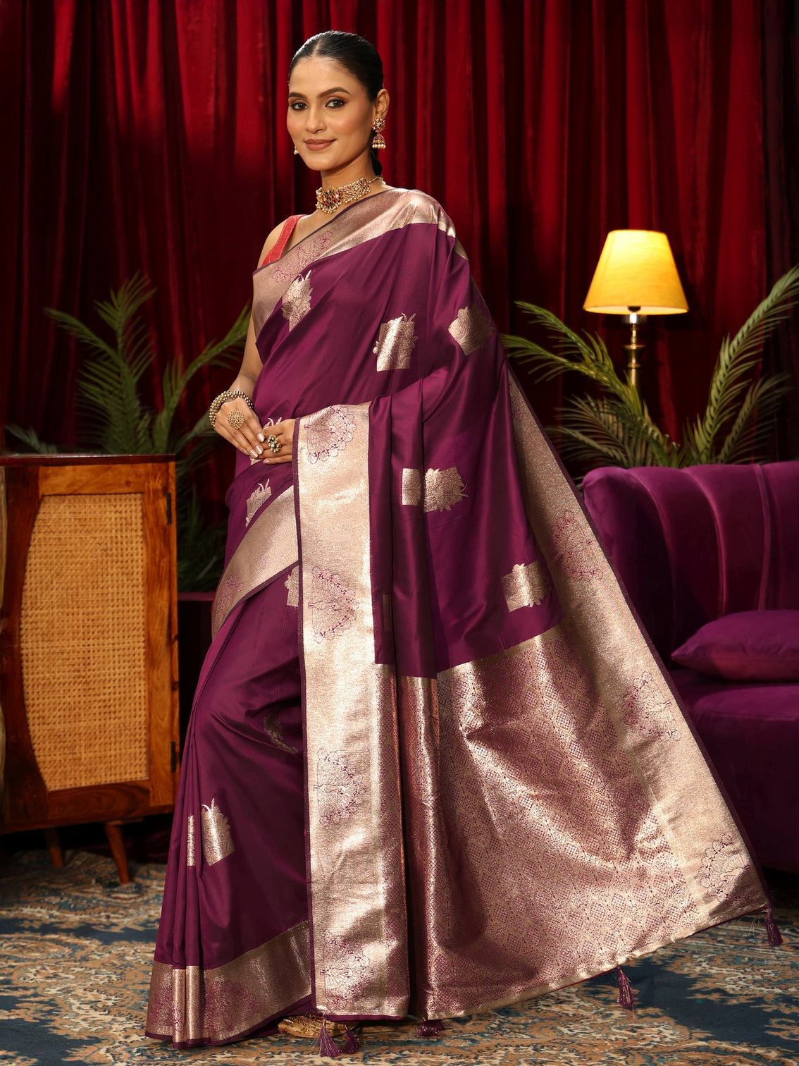 Mameraa Wine Peacock Woven Design Silk Blend Saree