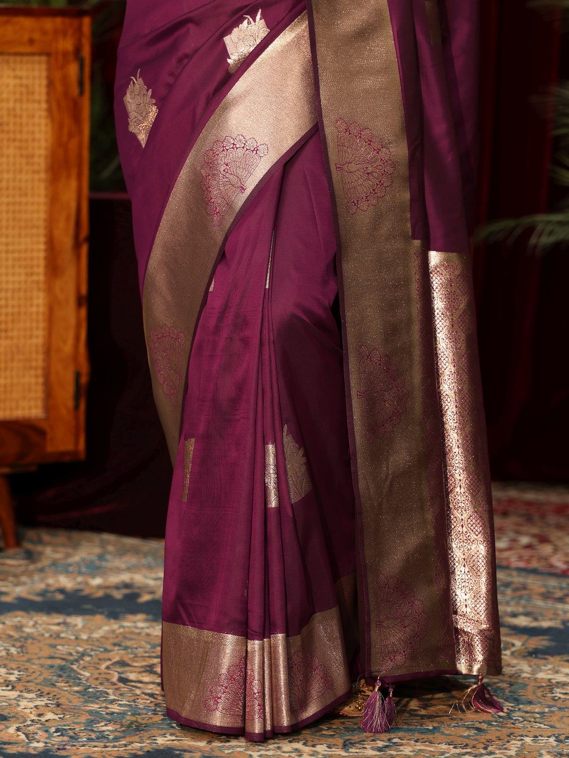 Mameraa Wine Peacock Woven Design Silk Blend Saree