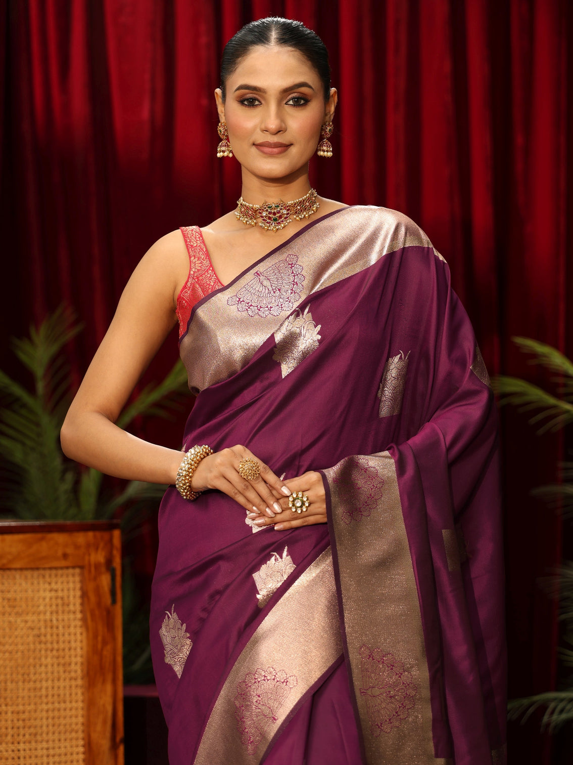 Mameraa Wine Peacock Woven Design Silk Blend Saree