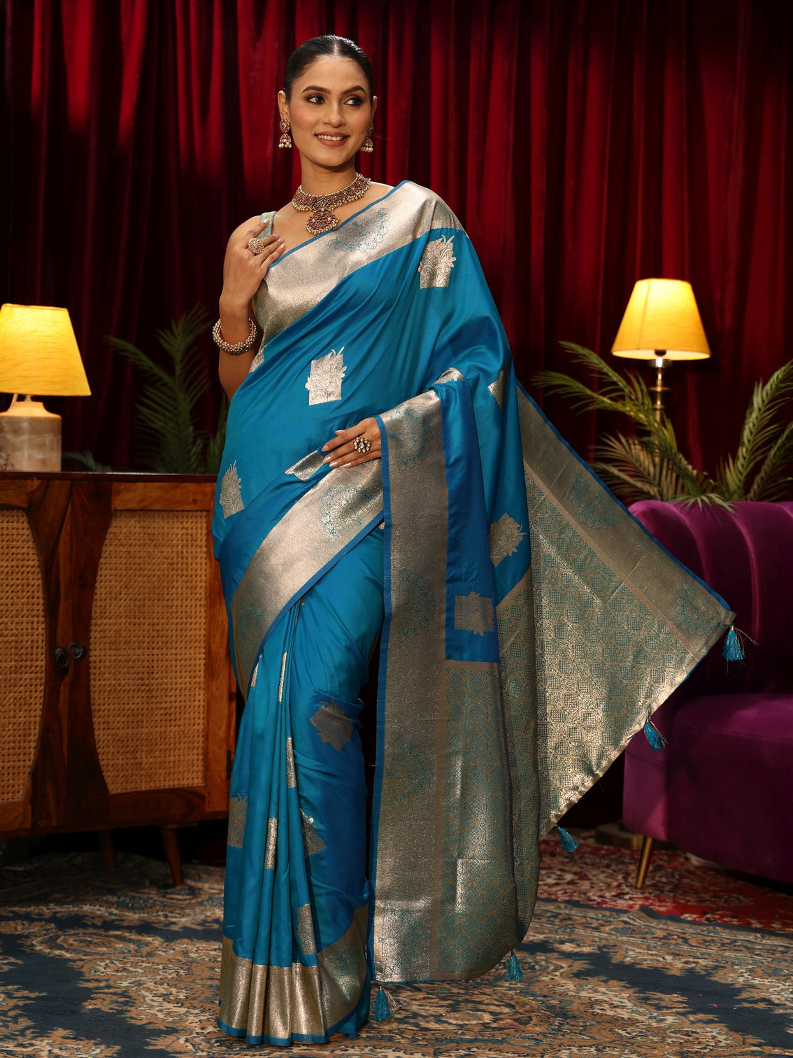 Mameraa Cerulean Blue Peacock Woven Design Silk Blend Saree