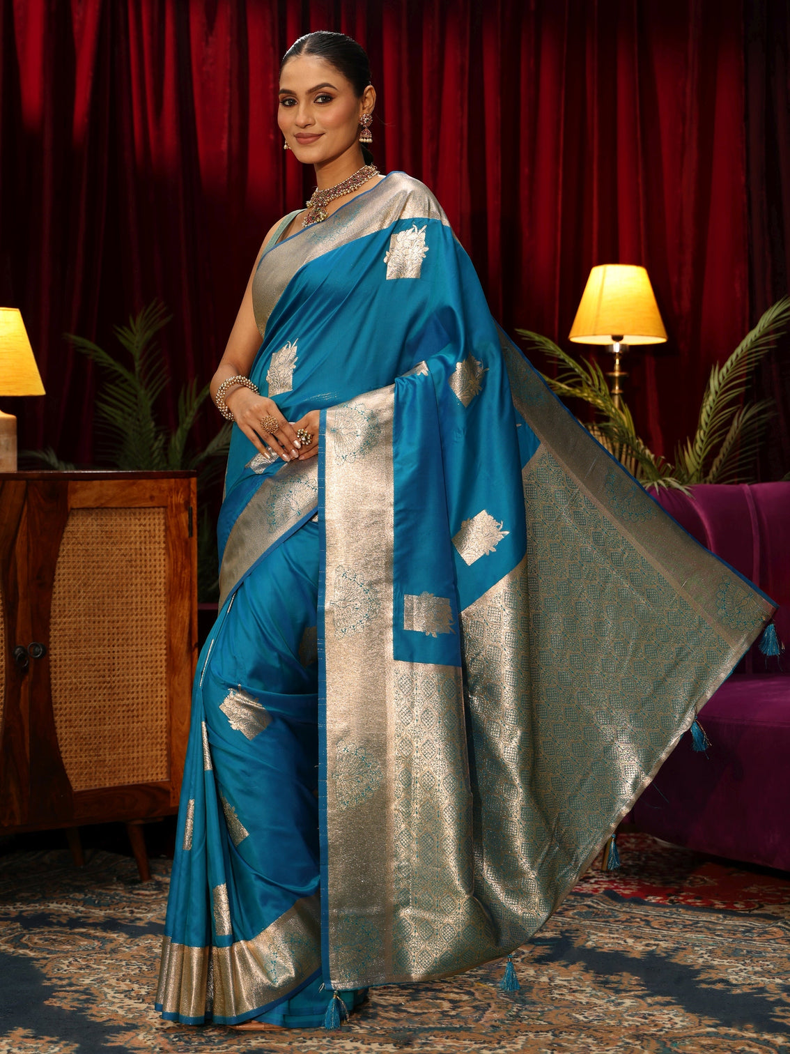 Mameraa Cerulean Blue Peacock Woven Design Silk Blend Saree