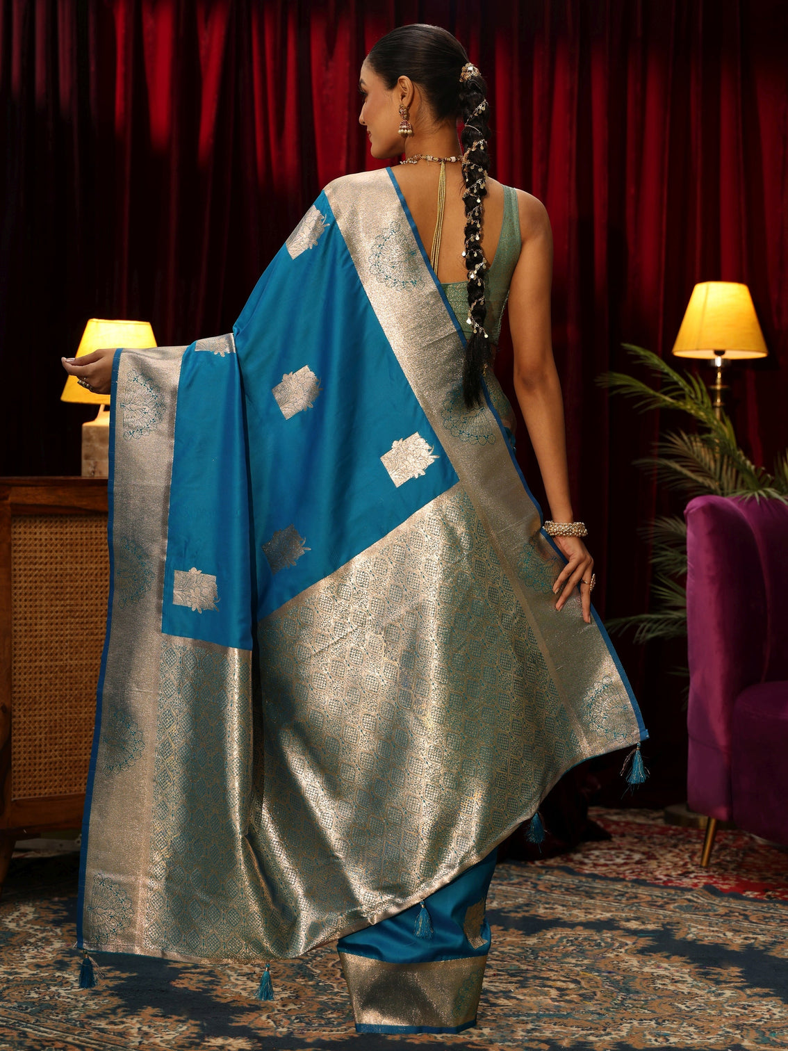 Mameraa Cerulean Blue Peacock Woven Design Silk Blend Saree