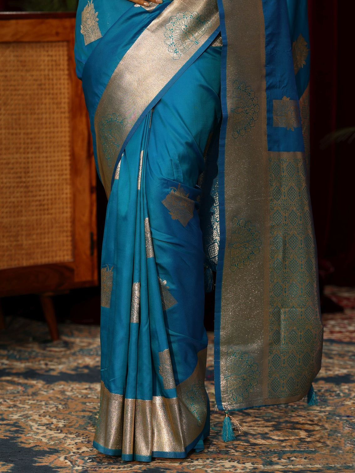 Mameraa Cerulean Blue Peacock Woven Design Silk Blend Saree
