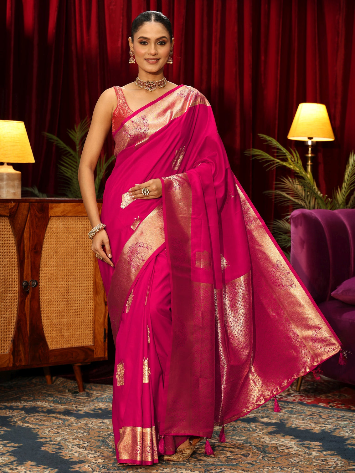 Mameraa Rani Pink Peacock Woven Design Silk Blend Saree