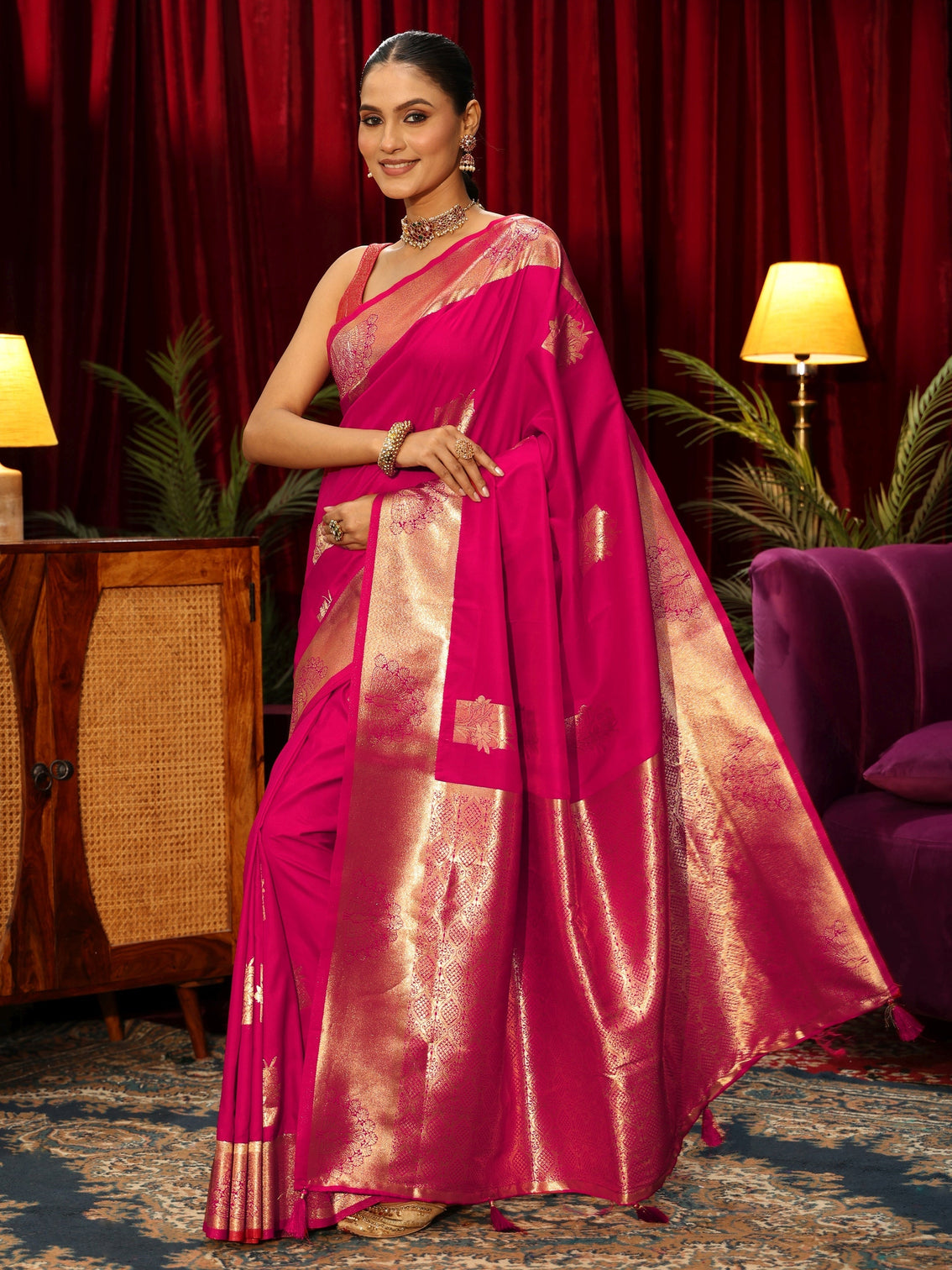 Mameraa Rani Pink Peacock Woven Design Silk Blend Saree
