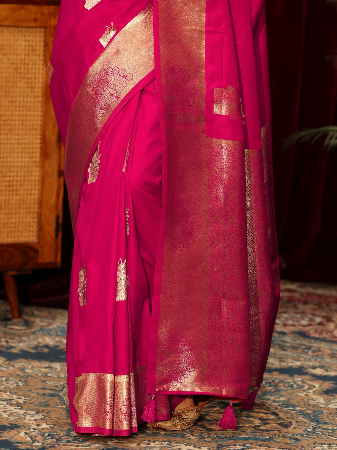 Mameraa Rani Pink Peacock Woven Design Silk Blend Saree