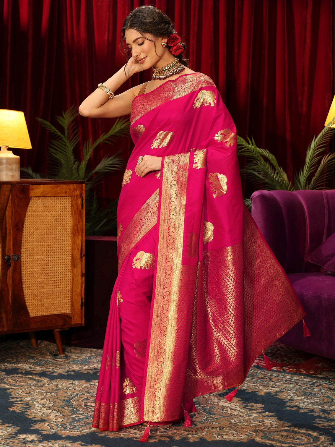 Mameraa Rani Pink Elephant Motif Kanjeevaram Silk Blend Saree