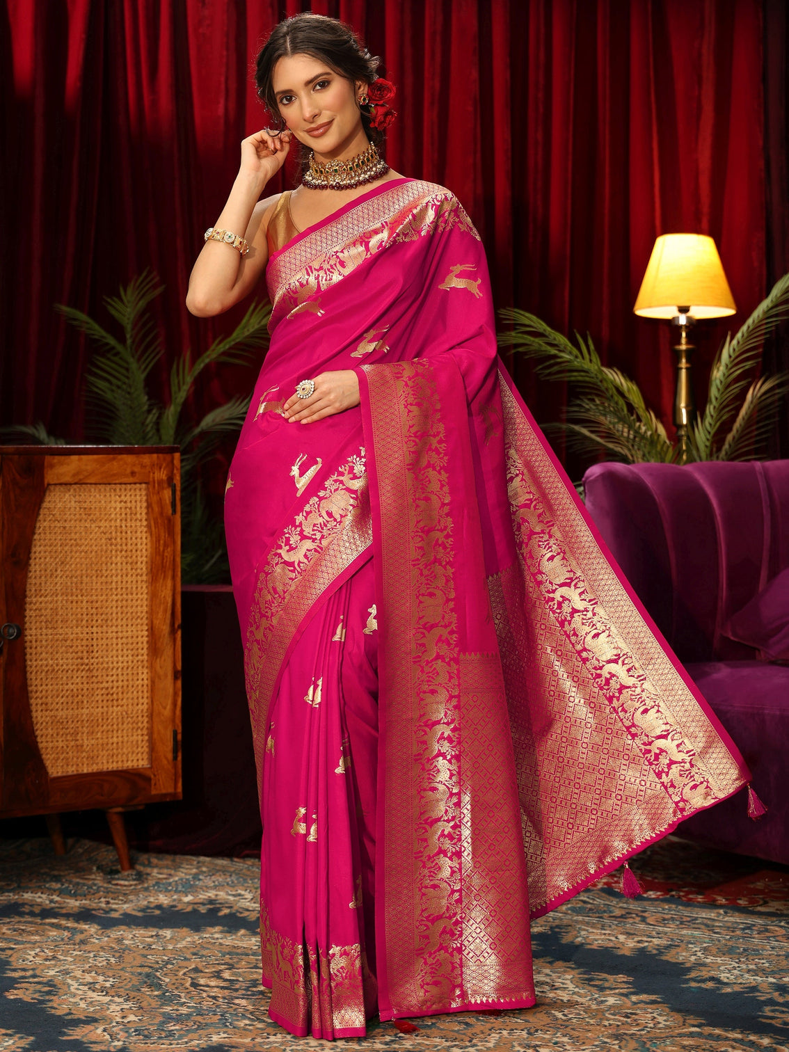Mameraa Rani Pink Deer Motif Kanjeevaram Silk Blend Saree